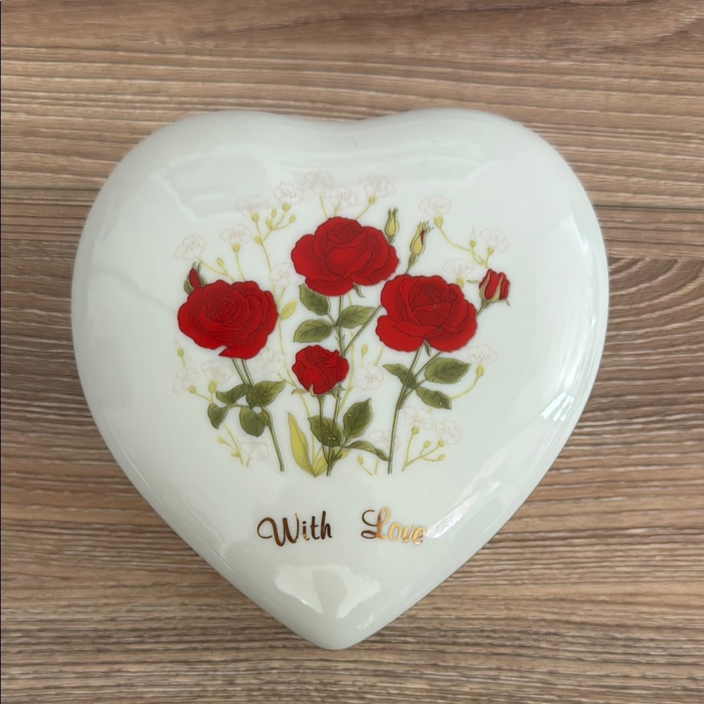 Heart-Shaped Ceramic Box with Red Roses made in Japan